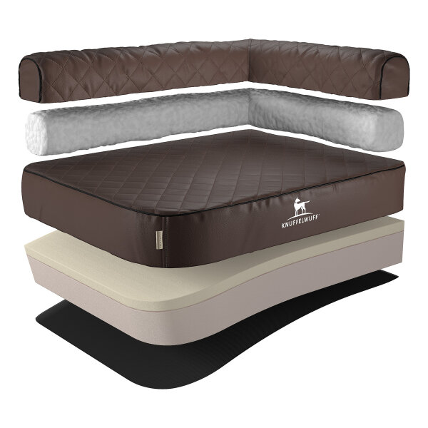 Knuffelwuff Orthopädisches Eck Hundebett Winslow aus laser-gestepptem Kunstleder L 85 x 63cm Lehne Rechts Braun