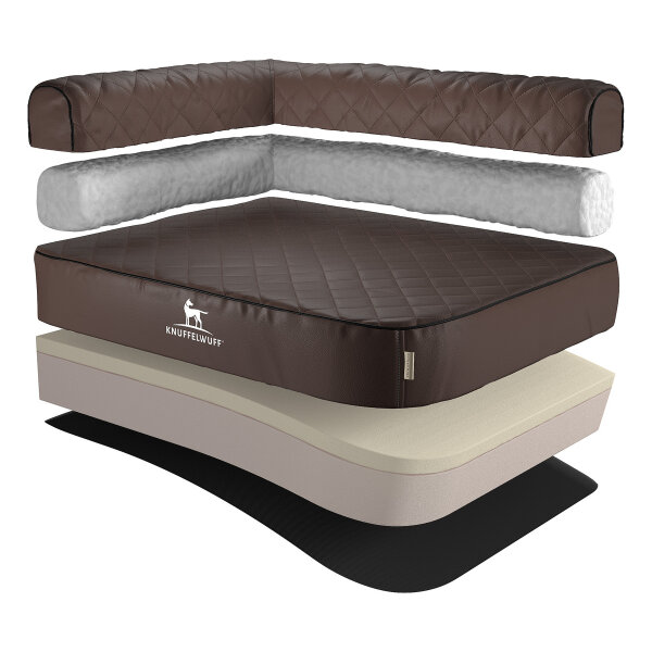Knuffelwuff Orthopädisches Eck Hundebett Winslow aus laser-gestepptem Kunstleder Übergröße XXXL 140 x 100cm Lehne Links Braun