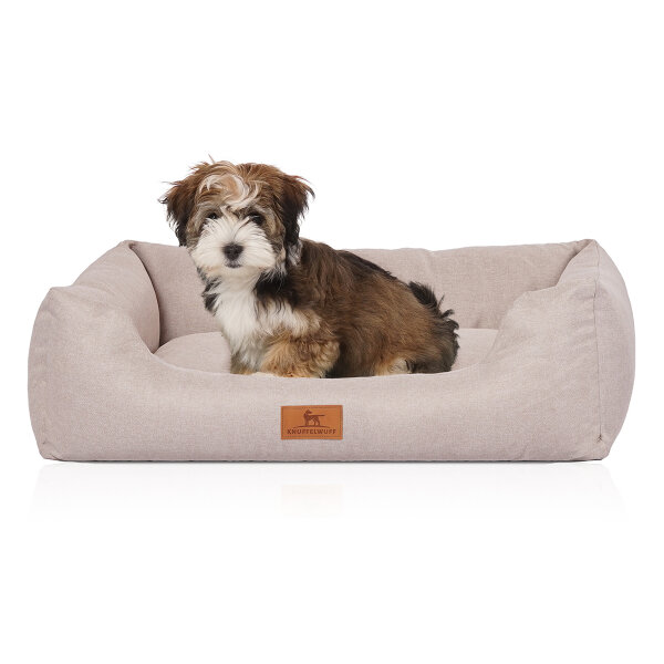 Knuffelwuff Hundebett Emma aus Velours mit feinem Handwebcharakter in Pastellfarben M-L 85 x 63cm Beige