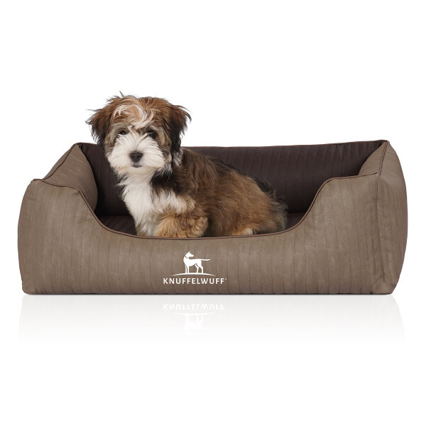 Knuffelwuff Orthopädisches Hundebett Outlander aus laser-gestepptem Kunstleder M-L 85 x 63cm Natur/Braun