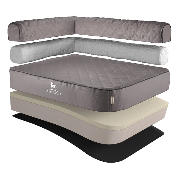 Knuffelwuff Orthopädisches Eck Hundebett Winslow aus laser-gestepptem Kunstleder XL 100 x 70cm Lehne Links Grau