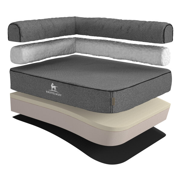 Knuffelwuff Orthopädisches Eck Hundebett Marlie aus Velours mit Handwebcharakter S 70 x 50cm Lehne Links Grau