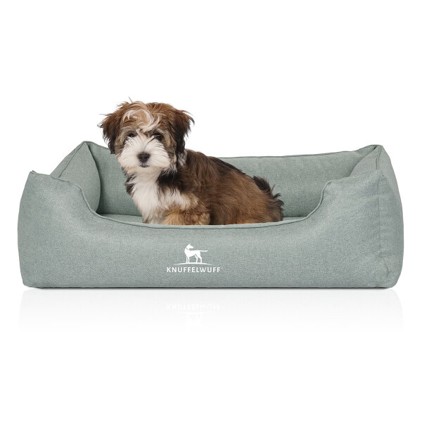 Knuffelwuff Orthopädisches Hundebett Luisa aus Velours mit feinem Handwebcharakter Sunshine Edition S 70 x 50cm Petrol