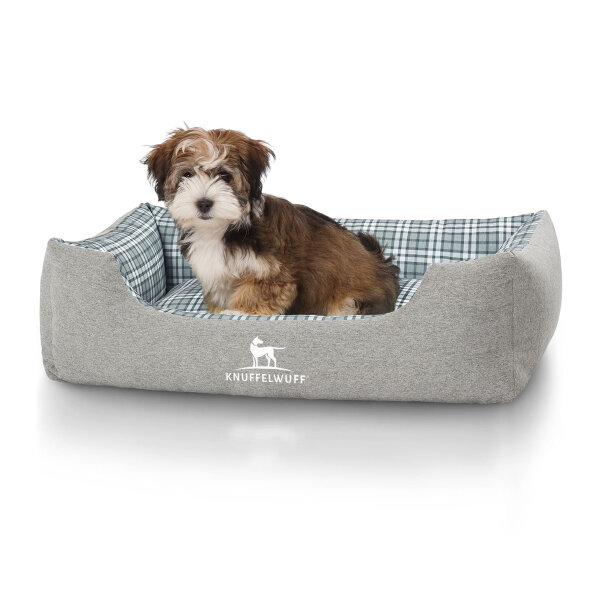Knuffelwuff Hundebett Lennard aus Velours mit Karomuster M-L 85 x 63cm Grau/Grün