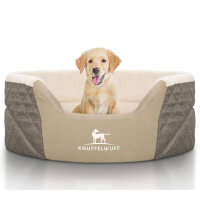 Knuffelwuff Orthopädisches Hundebett Lena aus Velours und Kunstleder mit hohem Schaumstoffrand XL 90 x 66cm Braun/Beige