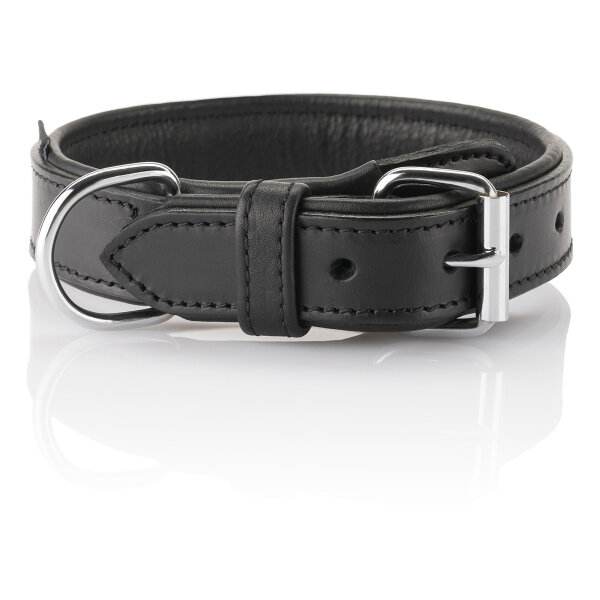 Knuffelwuff weiches Echtleder Hundehalsband mit Schnallenschutz Detroit Schwarz 30-38cm, 3,2cm