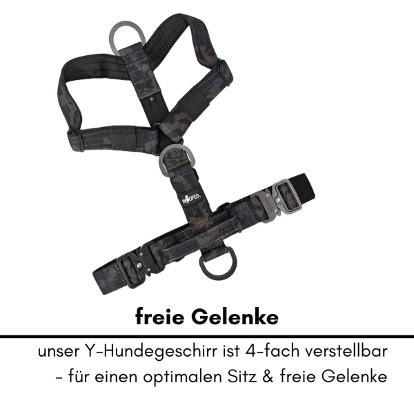 Y-Hundegeschirr 4fach-verstellbar mit Griff und Sicherheitsschnallen Black Camo - ultraleicht