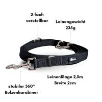 Nylon Classic Führleine Deep Black - 2,5m 3-fach verstellbar / Silber