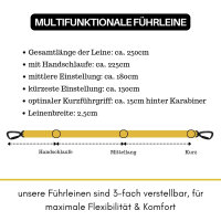 Nylon Pro Führleine Sunset Yellow - Leine 2.5m 3-fach verstellbar mit Kurzführgriff